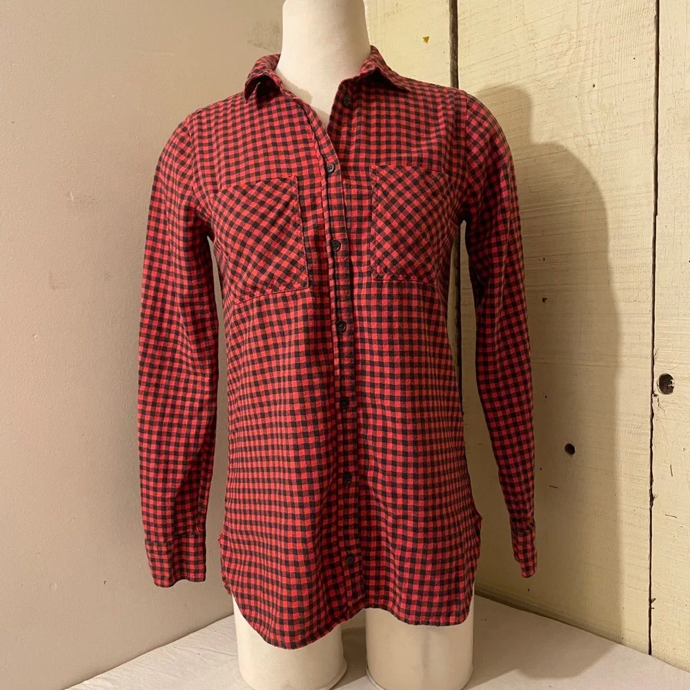 J. Crew Womens Size 0 Plaid‎ Button Down Long Sleeve Shirt Checkered Red
